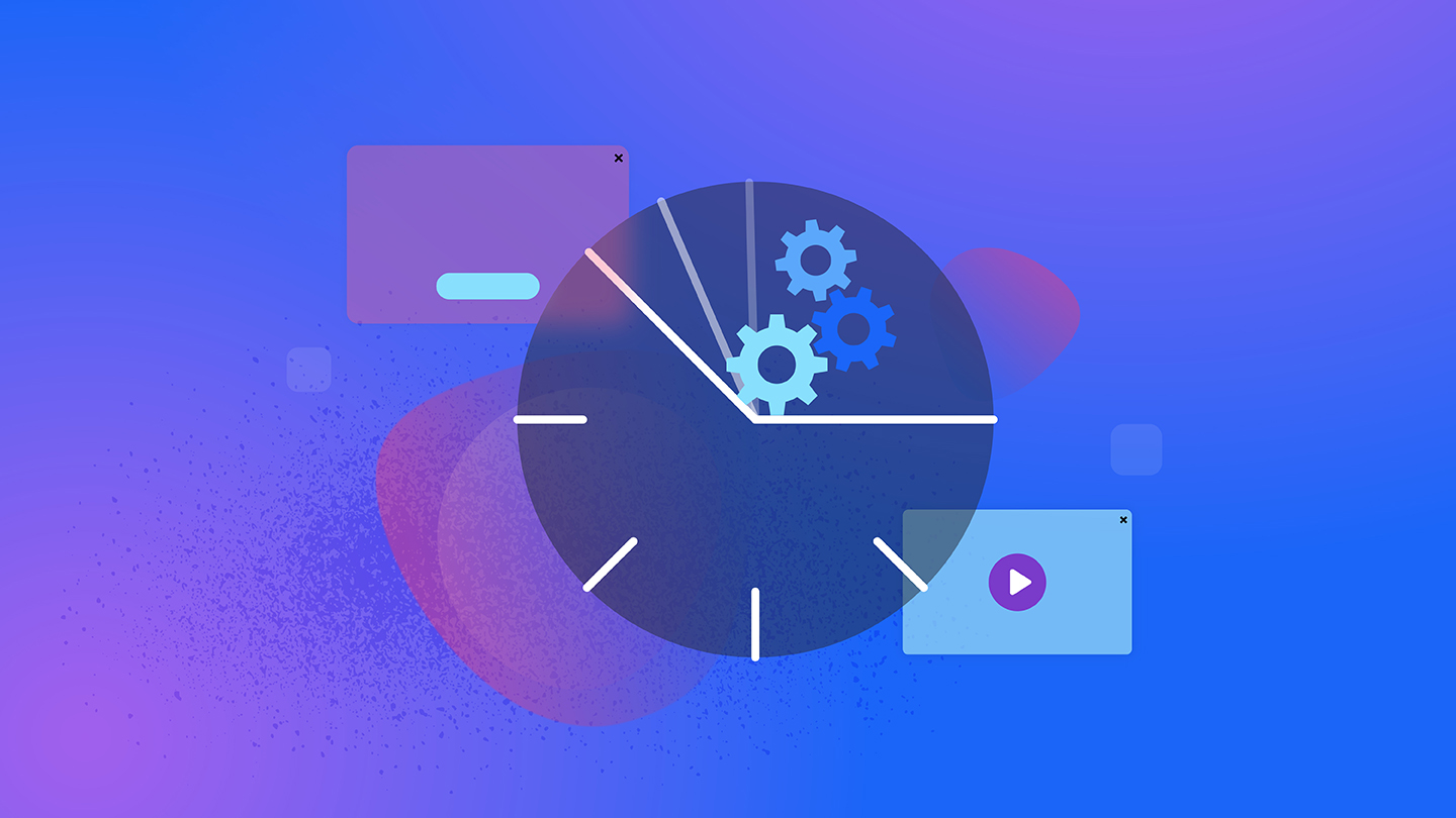 **Alt Text**: An abstract digital illustration representing AI's impact on ad creative. The image features a clock with gears inside, symbolizing efficiency and productivity. The background consists of blue and purple gradients with abstract shapes, including icons representing multimedia elements. This visual metaphor suggests how AI tools streamline and enhance the creative processes in advertising, supporting creative teams without replacing them.